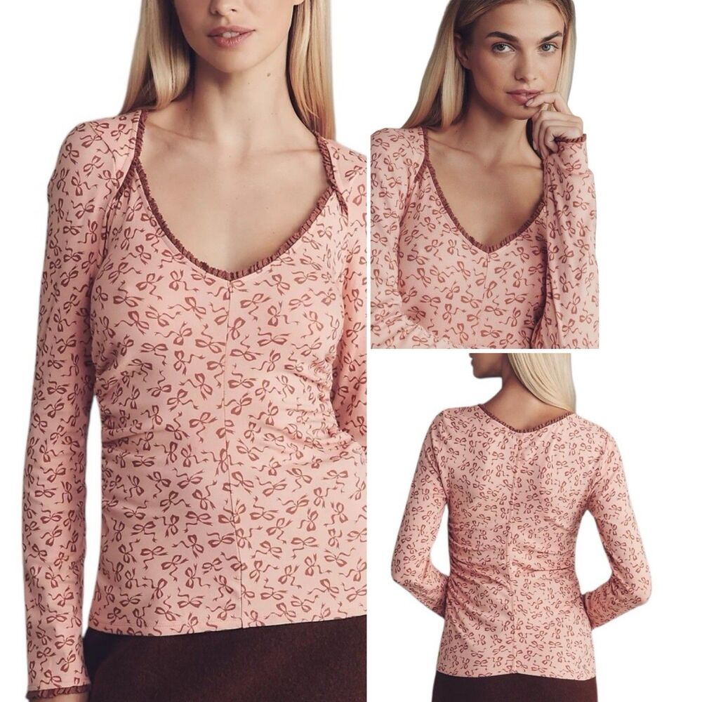 Anthropologie Maeve Bow Print V-Neck Long Sleeve Top Ruffle Trim Size XL NWT